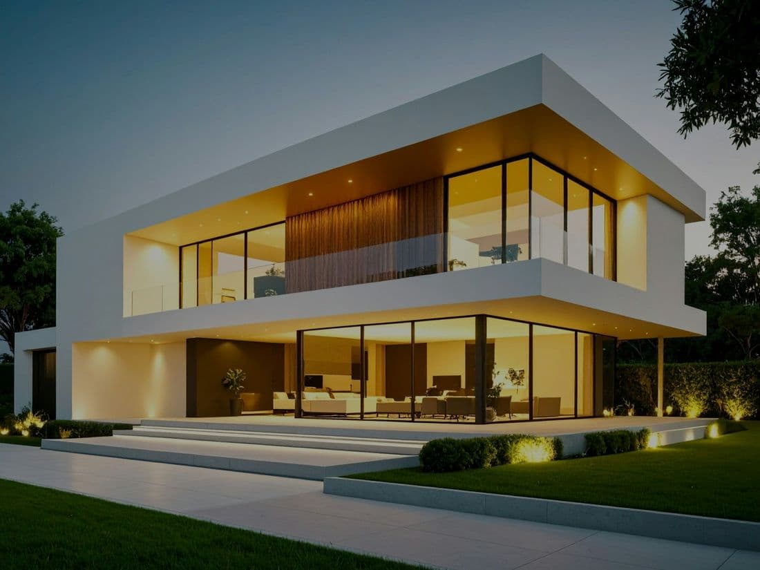 Casa moderna iluminada ao entardecer, com grandes janelas e jardim